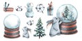 A cute bunny with a snow globe inside which is a Christmas tree with gifts and a snowman. Watercolor illustration, hand Royalty Free Stock Photo