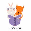 Cute bunny and squirrel reading a book