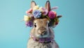 Cute bunny surrounded by blooming flowers on vibrant solid backgroundStudio shot with copy space. Royalty Free Stock Photo