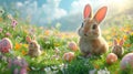 Cute bunny and two baby bunnies in a sunny spring meadow with painted Easter eggs Royalty Free Stock Photo