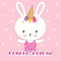 Cute bunny unicorn. Beautiful adorable rabbit in a ice cream cap on a pink background.