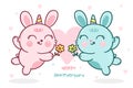 Cute bunny vector rabbits horn cartoon give flower blossom anniversary couple love season: Series Kawaii animal Girly doodles swee