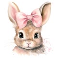 Cute bunny watercolor portrait. Rabbit with a bow