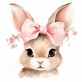 Cute bunny watercolor portrait. Rabbit with a bow Royalty Free Stock Photo