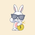 Cute bunny wearing glasses and leaning on a coin