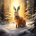 Cute bunny in winter Christmas forest Royalty Free Stock Photo
