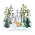Cute bunny in winter forest landscape. Watercolor illustration. Hand drawn small rabbit sitting in the snow loan, with