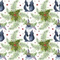 Cute bunny with a wreath on his head. Gray rabbit with Christmas plants. Holly, pinecones, pine branches, red berries.
