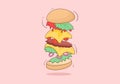 Cute Burger Fast Food Background Vector Illustration With Refreshing Ingredients. Tasty Image Meal in Flat Style Design Royalty Free Stock Photo