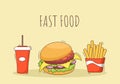 Cute Burger, French Fries and Cola Fast Food Background Vector Illustration With Refreshing Ingredients. Tasty Image Meal in Flat Royalty Free Stock Photo