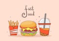 Cute Burger, French Fries and Cola Fast Food Background Vector Illustration With Refreshing Ingredients. Tasty Image Meal in Flat Royalty Free Stock Photo