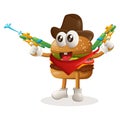 Cute burger mascot design playing with water gun toy, wearing cowboy hat