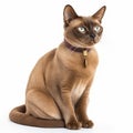 Cute Burmese breed cat portrait close-up isolated on white, lovely pet