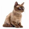 Cute Burmese breed cat portrait close-up isolated on white, lovely pet