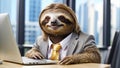 Cute business cartoon animal sloth working in idea office character style career