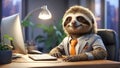 Cute business cartoon animal sloth working in the office creative