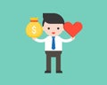 cute business man hold money bag and heart, balance between income and love job business situation concept