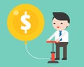 Cute business man pumping air in money balloon with happiness, b
