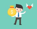 cute businessman in business situation concept, heart flying away left him with big bag of money, lack balance between job income