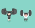 Cute businessman and businesswoman try to lift weight, and woman