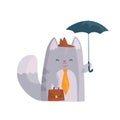 Cute businessman cat with briefcase standing under umbrella, funny animal character cartoon vector Illustration Royalty Free Stock Photo