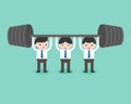 Cute businessman team help each others for weight lifting, business situation teamwork concept
