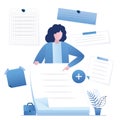 Cute businesswoman adds new note. Employee holds paper stickers, empty memo. Place for text. Female character with various memory Royalty Free Stock Photo