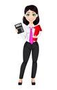 Young beautiful business woman holding calculator and red arrow Royalty Free Stock Photo