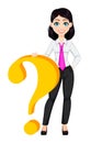 Young beautiful business woman standing near big question mark. Royalty Free Stock Photo