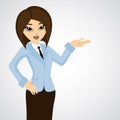 Cute businesswoman showing something. Funny cartoon character. Royalty Free Stock Photo