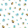 Cute busy bees with books, bags and pencils going back to school design. Seamless vector pattern on white background