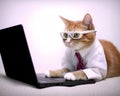 Cute busy cat with glasses. Concept of pet officer, business or office hours