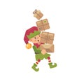 Cute busy Christmas elf carrying parcels with presents for kids Royalty Free Stock Photo