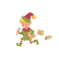 Cute busy Christmas elf running with papers and letters