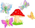 Cute butterfly cartoon with red mushroom