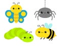 Cute butterfly, caterpillar, spider, bee bumblebee catapillar honeybee. Insect set line. Cartoon funny kawaii baby animal