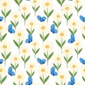 Cute butterfly on chamomile seamless pattern. Summer meadow background Royalty Free Stock Photo