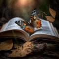 Cute butterfly sitting on light pages of opened old book lying on dark wooden log in autumn forest nature background Royalty Free Stock Photo