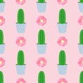 Cute cacti, flowerpots. Seamless pattern with cute cacti. Nature,spring. Cute illustration.