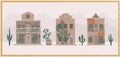 Cute cacti graffiti on wild west houses. Western street with wood buildings.