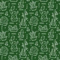 Cute cacti in pots. Seamless vector pattern. Dark green doodle