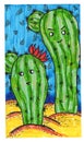 Cute cacti with smile, green cactus in desert, hand draw illustration