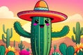 Cute cactus in the American prairie standing in the sun wearing a Mexican sombrero hat Royalty Free Stock Photo