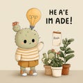 Cute Cactus Character with Lightbulb Having an Idea Royalty Free Stock Photo
