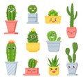 Cute cactus with faces. Cartoon succulent pot plants characters with emoji. Smiling tropical cacti with funny face in