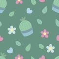 Cute cactus, flowers and leaves, vector seamless pattern on a green background Royalty Free Stock Photo