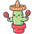 Cute cactus in mexican hat and maracas vector cartoon character