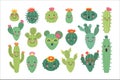 Cute cactus plants. Kawaii cacti flowers, happy face characters, summer thorn garden and houseplants. Prickly succulents Royalty Free Stock Photo