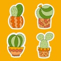 Cute cactus in pots stickers. Funny bright kids design. Color doodle hand drawn home plants. Zentangle patterned flowerpots