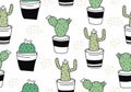 Cute cactus seamless pattern with botanical exotic theme. Funny character drawing floral botanical garden with pot. Vector